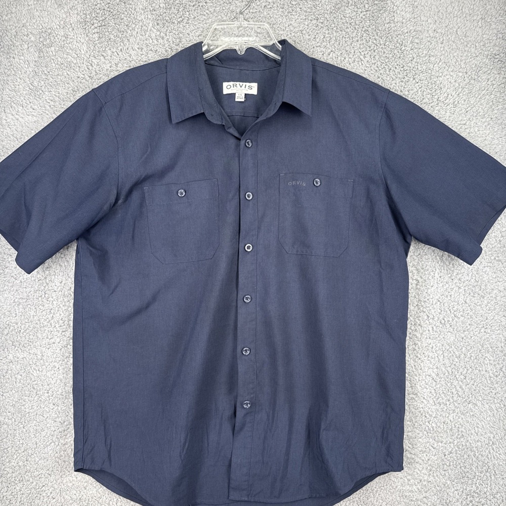 Orvis Shirt Mens Large S/S Black Button Up Casual Twill Logo Pocket Fishing